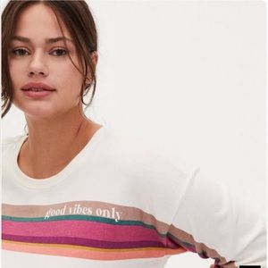 NWT “TORRID” Good Vibes Only White & Multi Stripe Fleece Crew Sweatshirt size 2